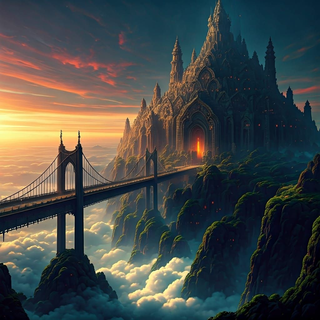 Ethereal Bridge to Heaven in Cloud City Waterscape