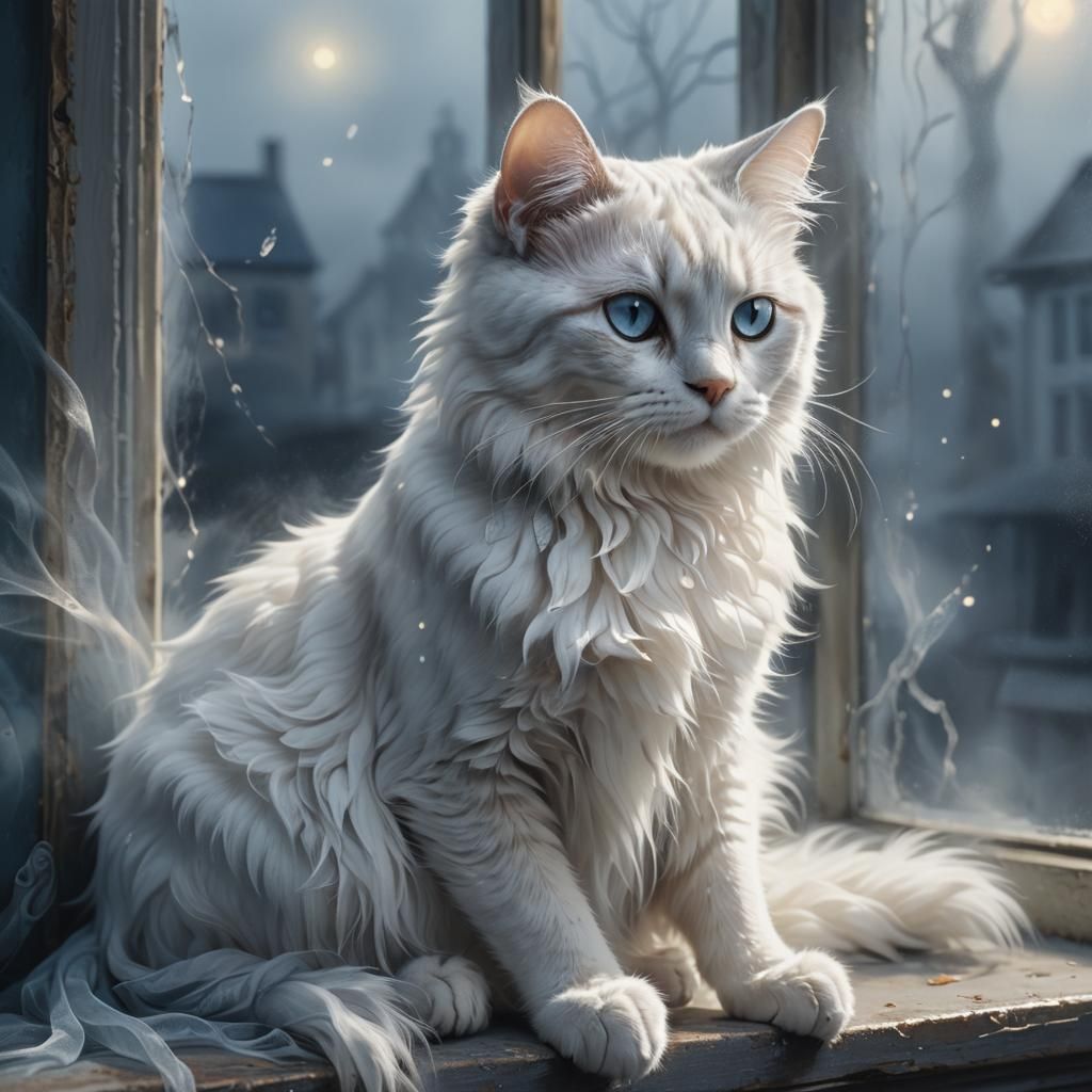 Ethereal Ghost Cat on Misty Windowsill