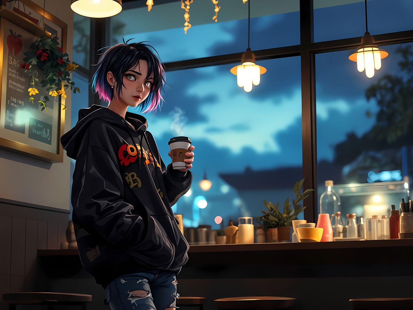 Anime-Inspired Emo Girl in Coffee Shop
