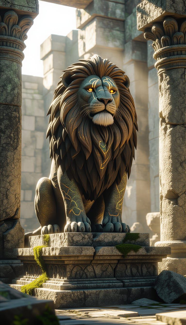 Stone Lion Statue on Ruined Temple