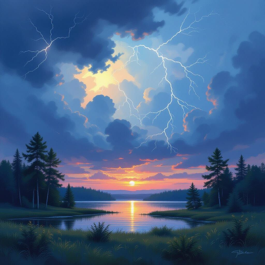 Forest Calm Amidst Stormy Sky, Shishkin & Monet Style