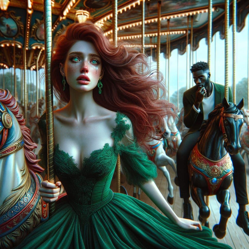 Magical Carousel Scene with Woman in Green Dress