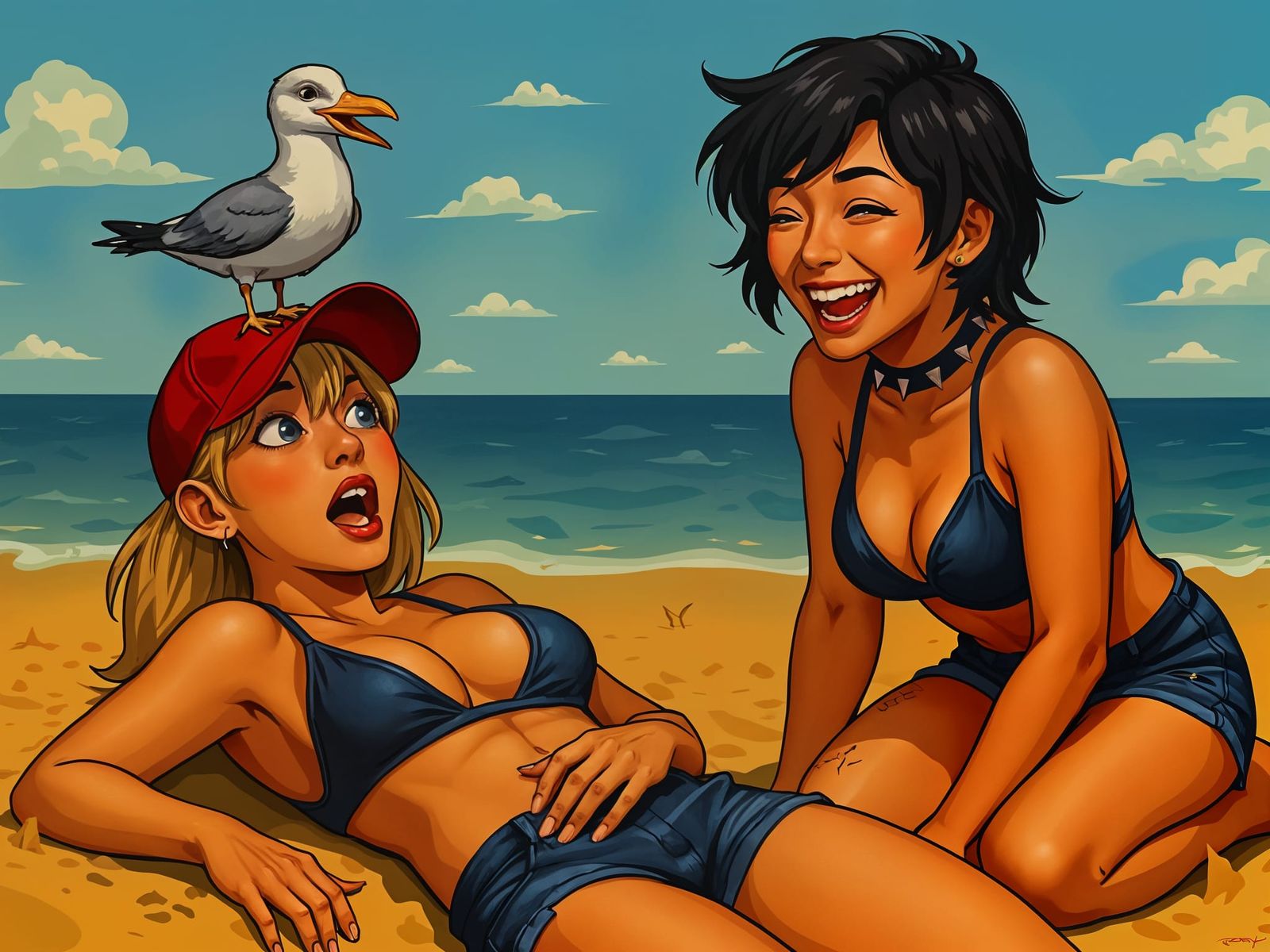 Two Young Women Enjoying a Cheerful Day at the Beach