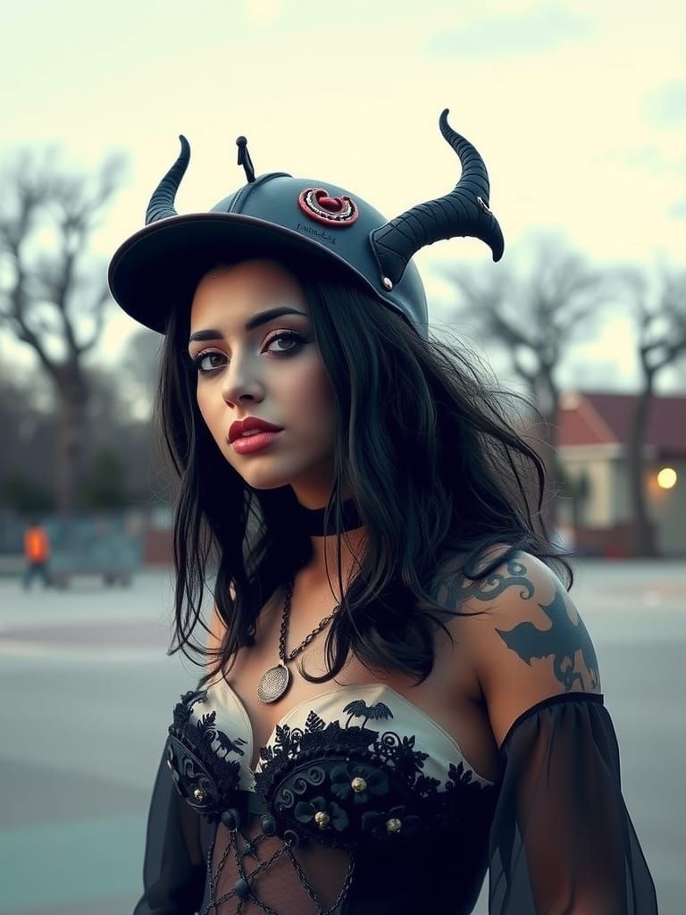 Gothic Woman's Whimsical Portrait in Skate Park