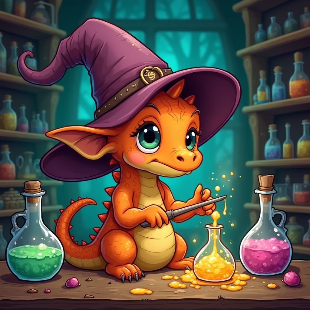 Baby Dragon Alchemist in Whimsical Cartoon Style