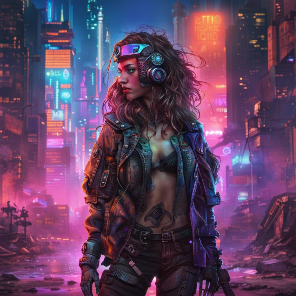Post-Apocalyptic Women in Neon Cityscape