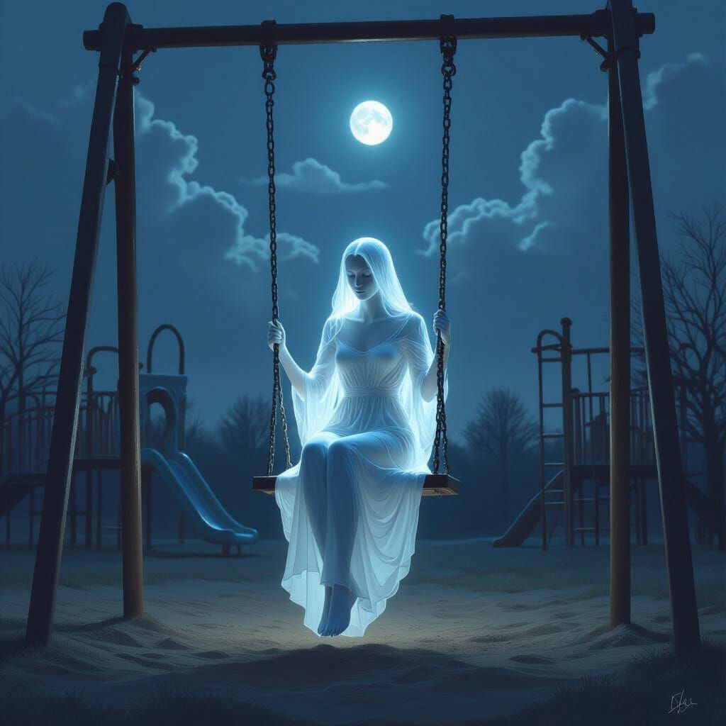 Ethereal Figure on Swing Set Under Moonlight