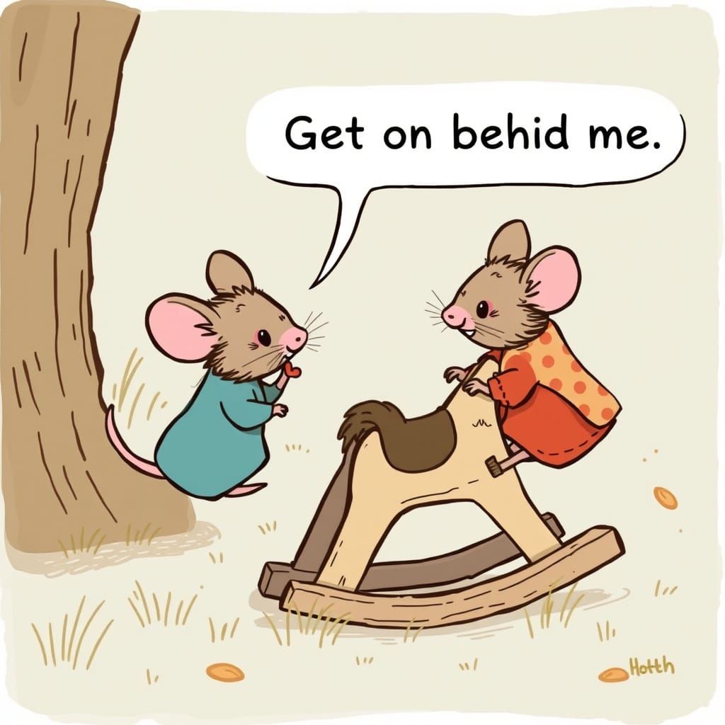 Two little mice find a wooden horse, and decide to share it together. One little mouse said to the other mouse (speech b...