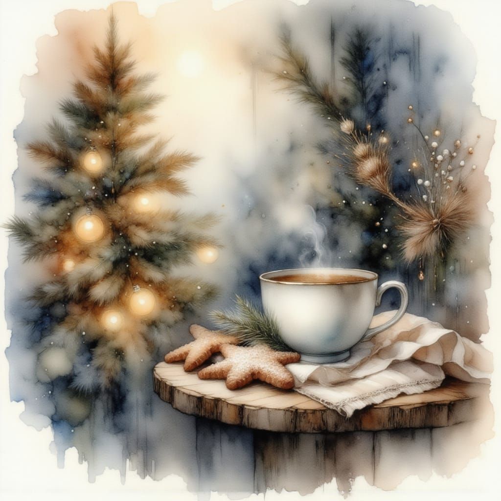 Ethereal Watercolor Christmas Coffee Scene