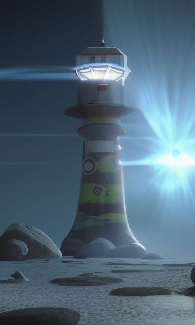 Futuristic Lighthouse on Asteroid in Space: Digital Illustra...