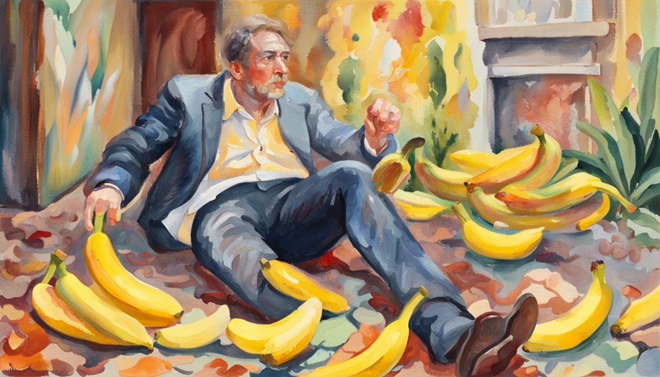 Man Slipping on Banana Peel: Impressionist Gouache Watercolo...