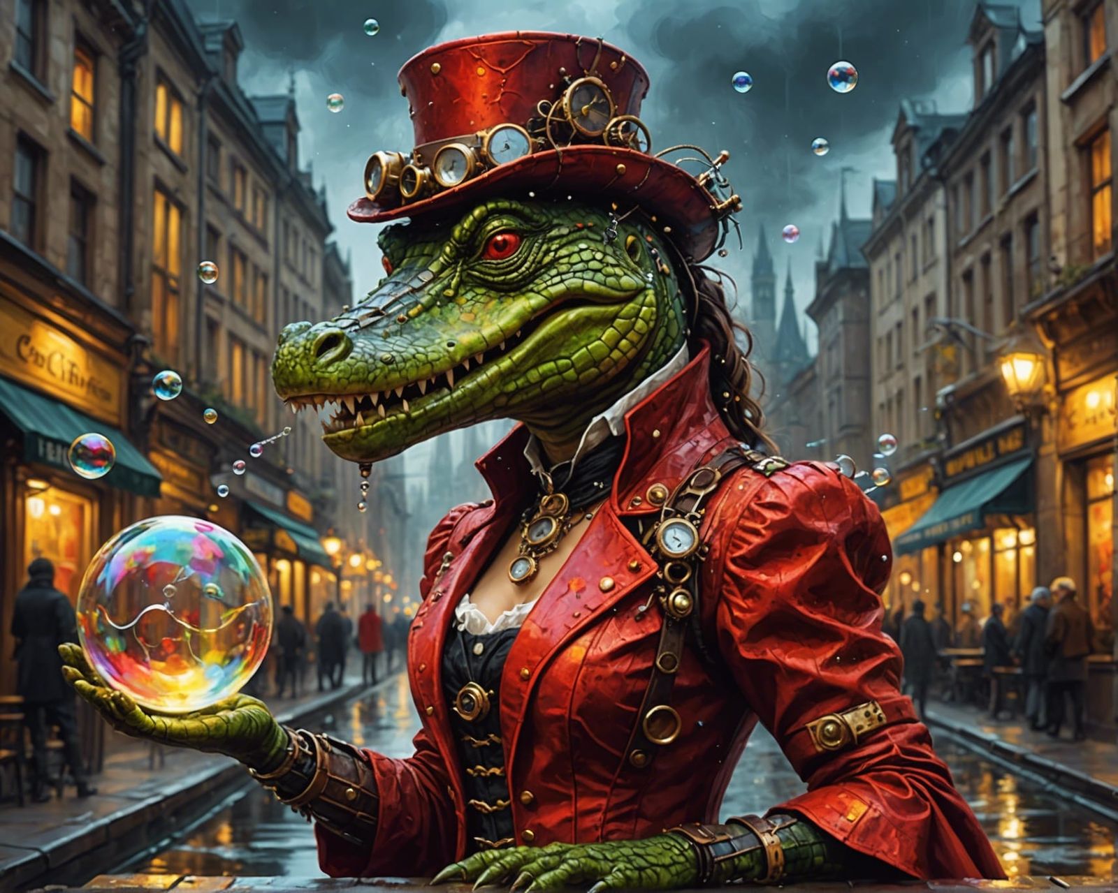 Steampunk Crocodile Blowing Bubbles in Night City