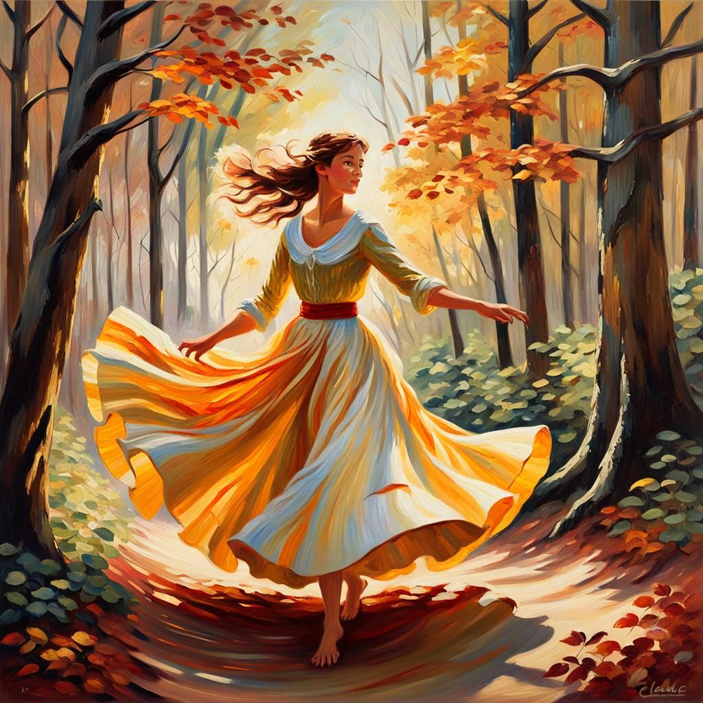 Woman's Dance in Sun-Drenched Autumn Forest