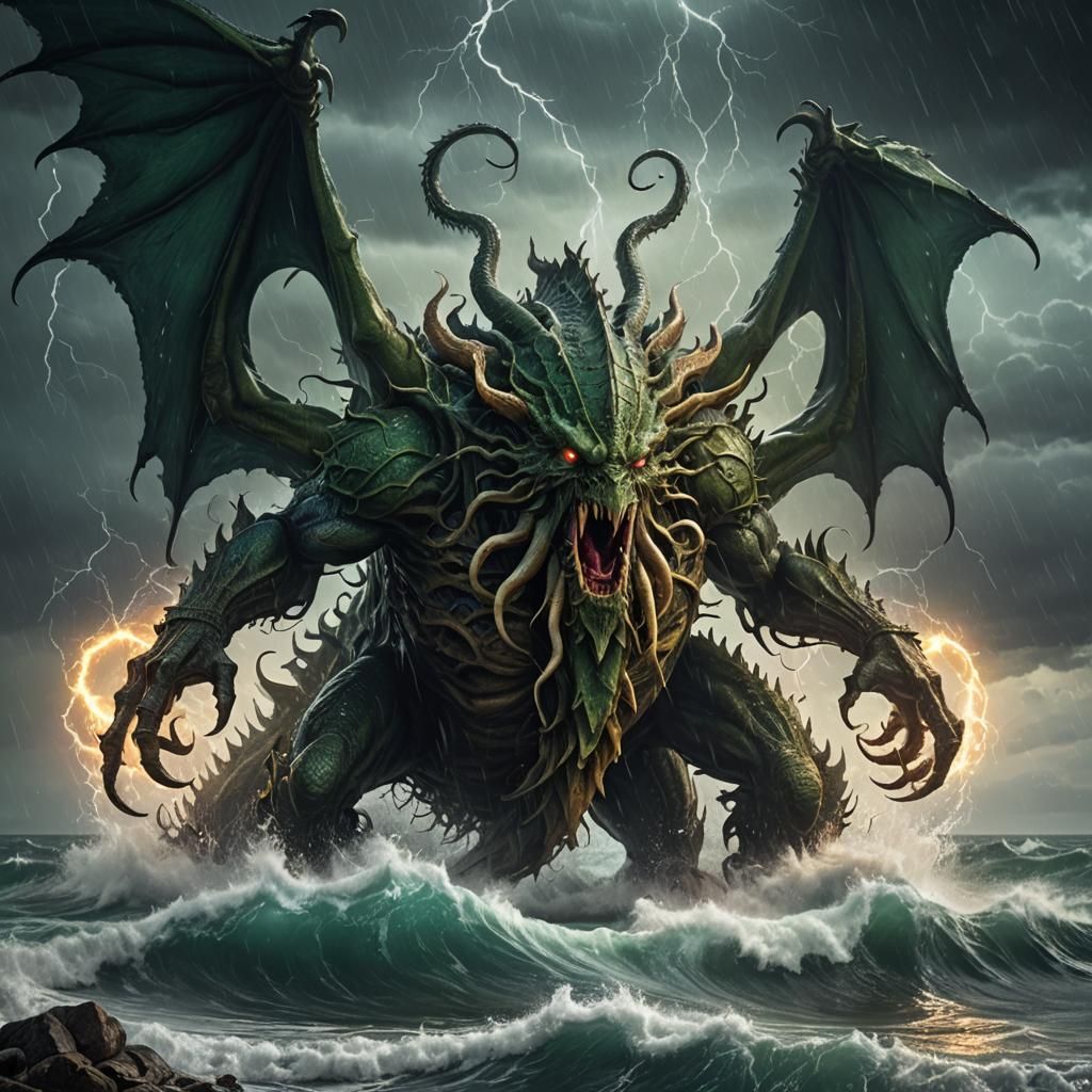 Cthulhu Dragon Emerges from Ocean: Fantasy Concept Art