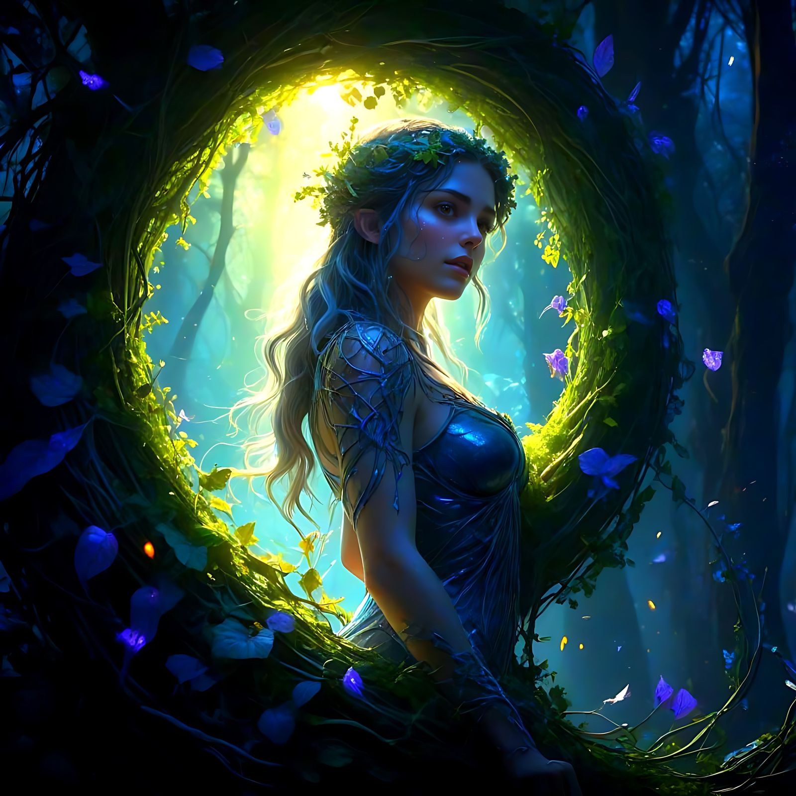 Vine-Covered Dryad Emerges from Shimmering Portal