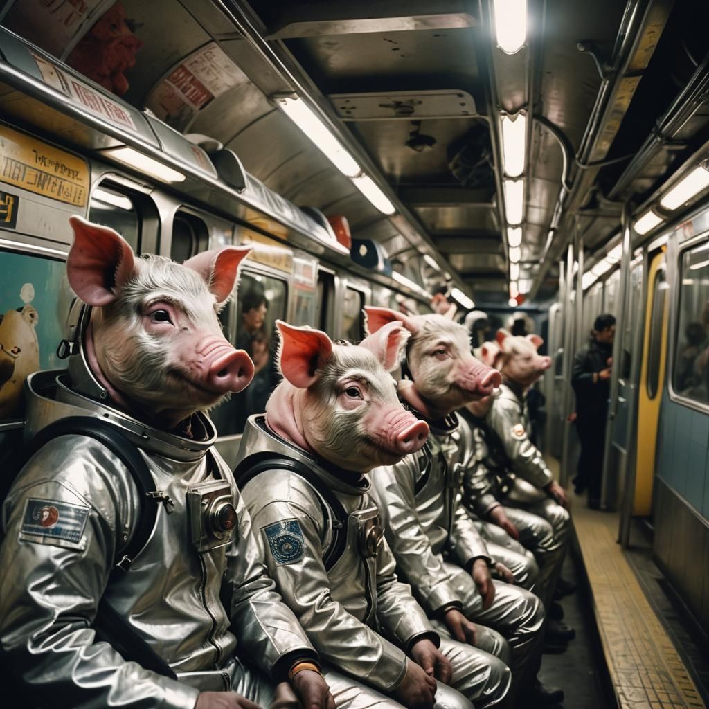 Pigs in Spacesuits Ride Subway: Cinematic Film Still