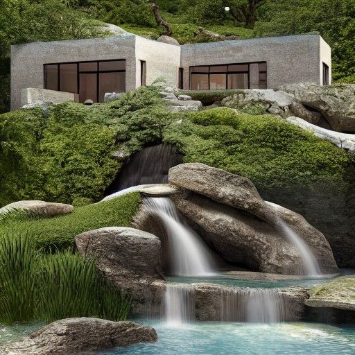 Serene Stone House Atop Waterfall: Digital Illustration