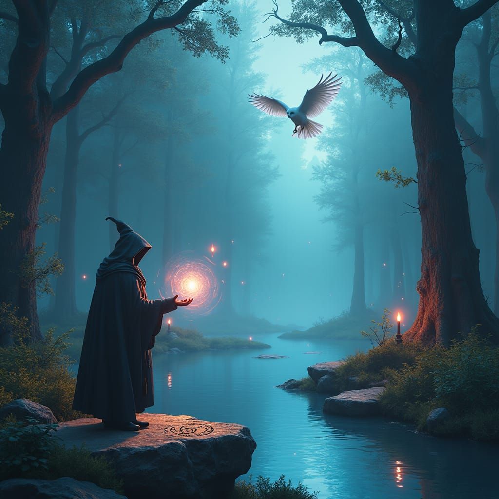 Mystical Forest Scene with Sorcerer and Magic
