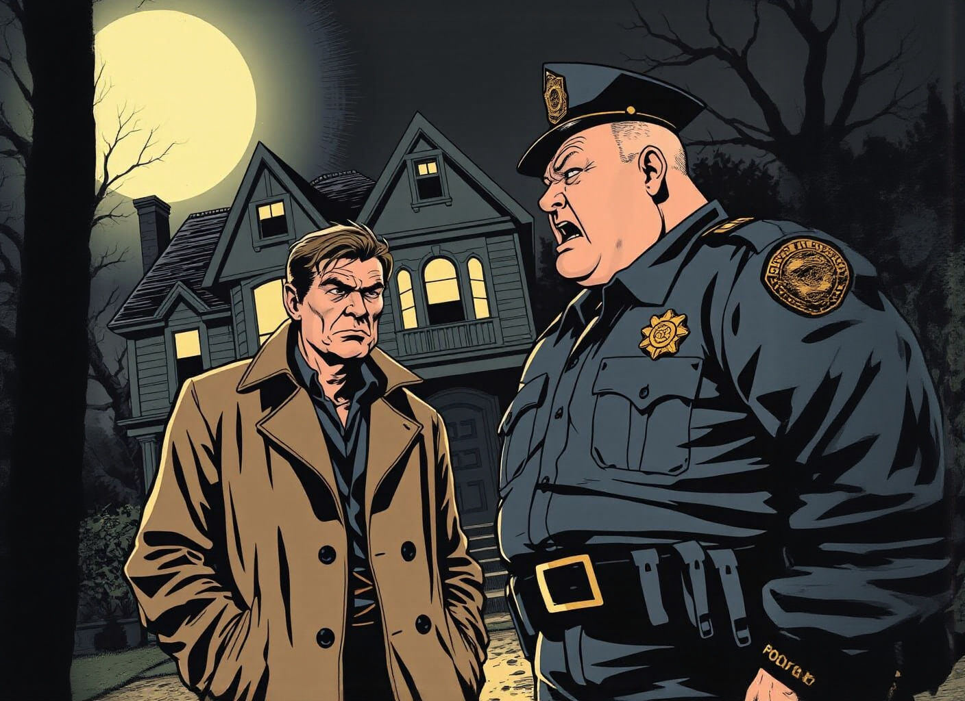 Noir Detective Confrontation Under Moonlight