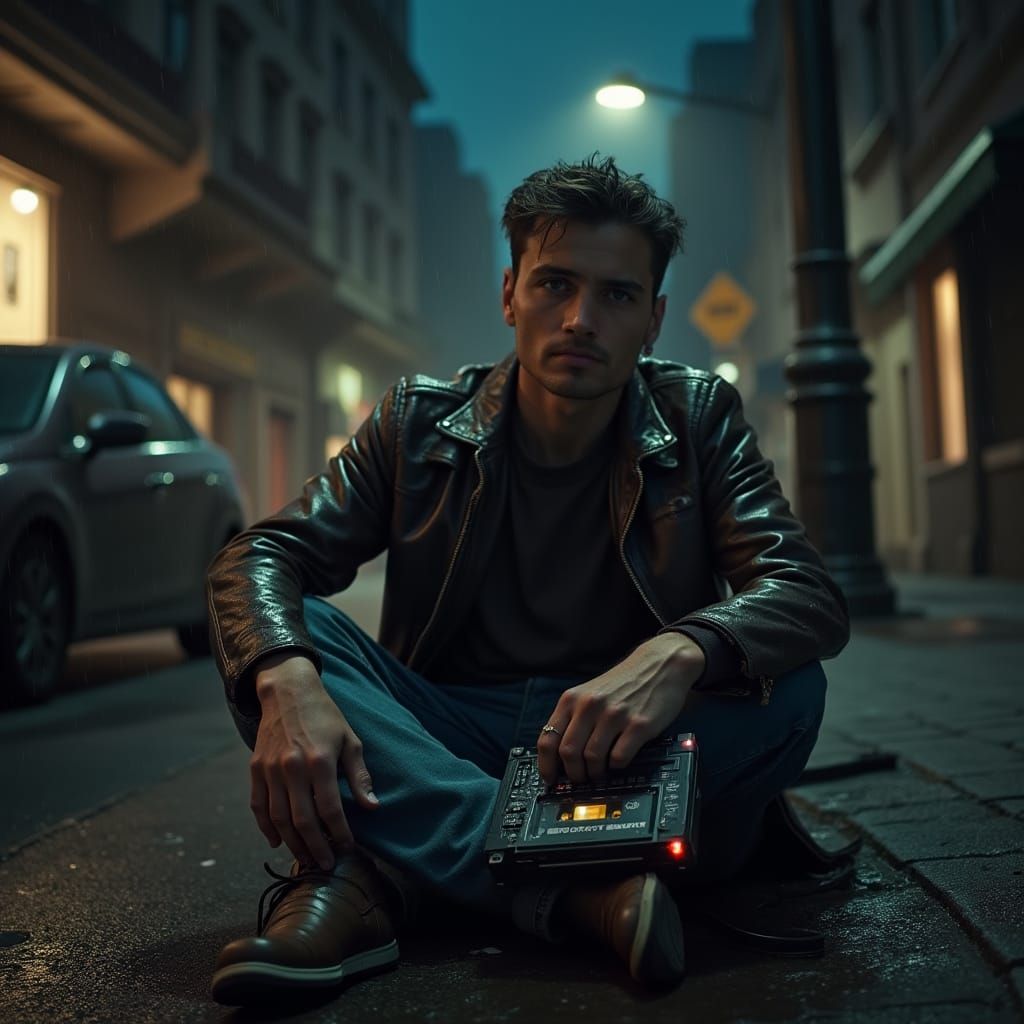 Rainy City Streets Noir, Old Sony Walkman, Gritty Dark Style