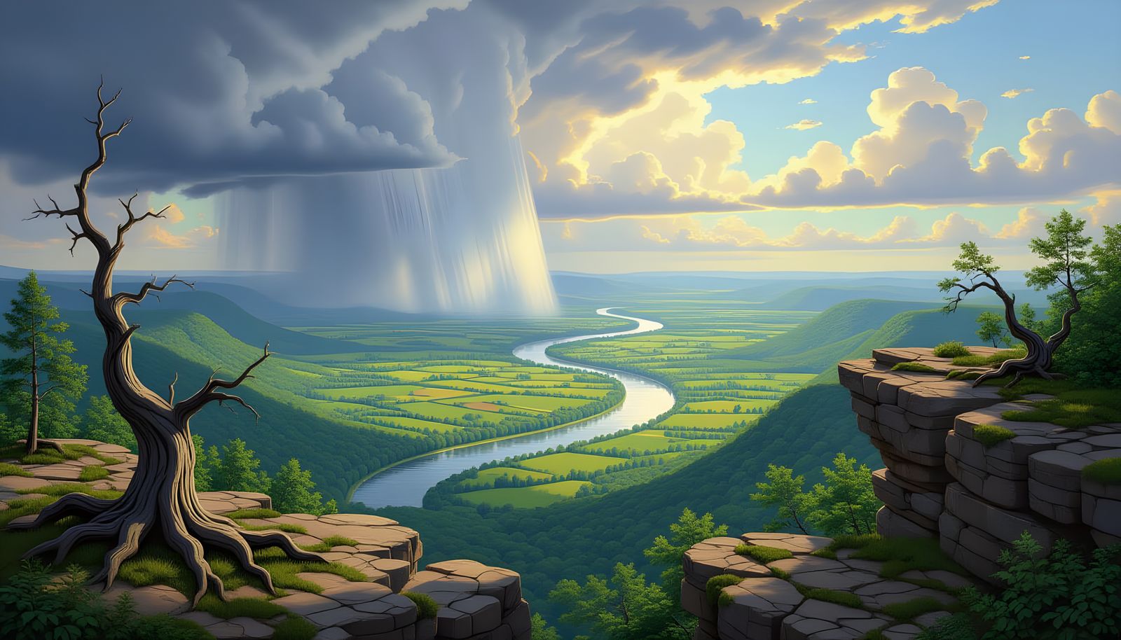 Romantic River Valley Landscape in Hudson River School Style