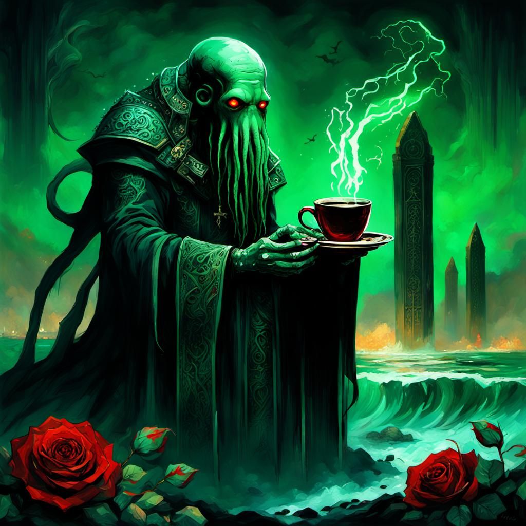 Cthulhu God Sipping Coffee: Gothic Horror Art