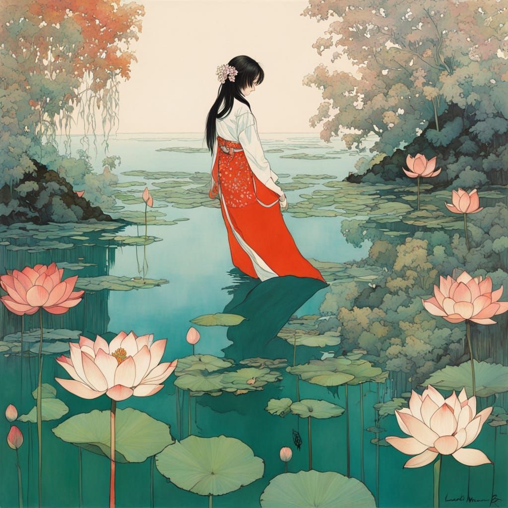 Luminous Lotus Flower in Impressionist Art Nouveau Style