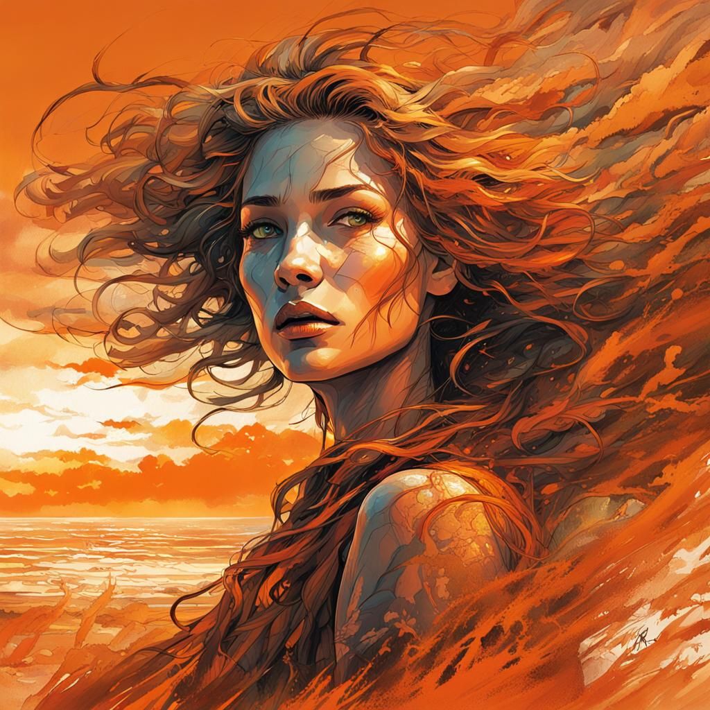 Orange Portrait: Windblown Hair in Fantasy Sunset