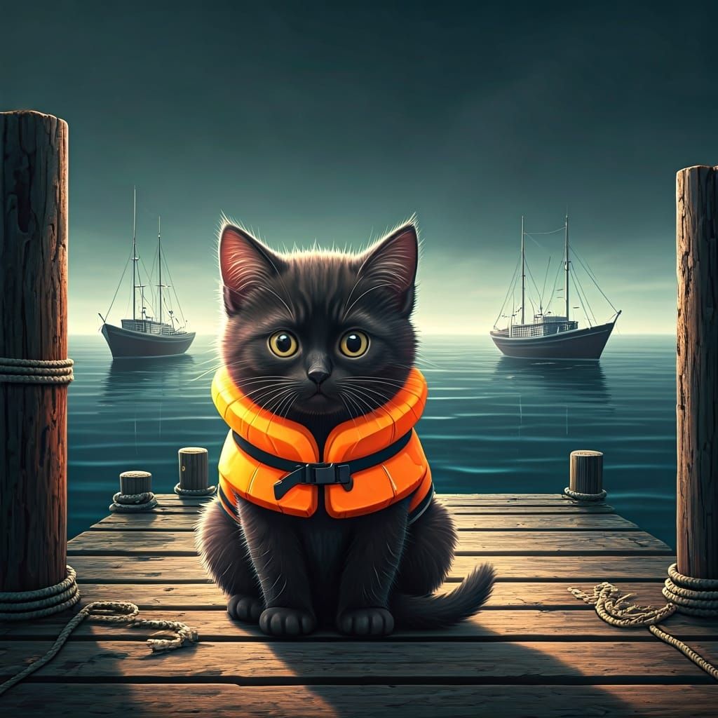 Kitten Awaits Fishing Boats, Ghibli Anime Style