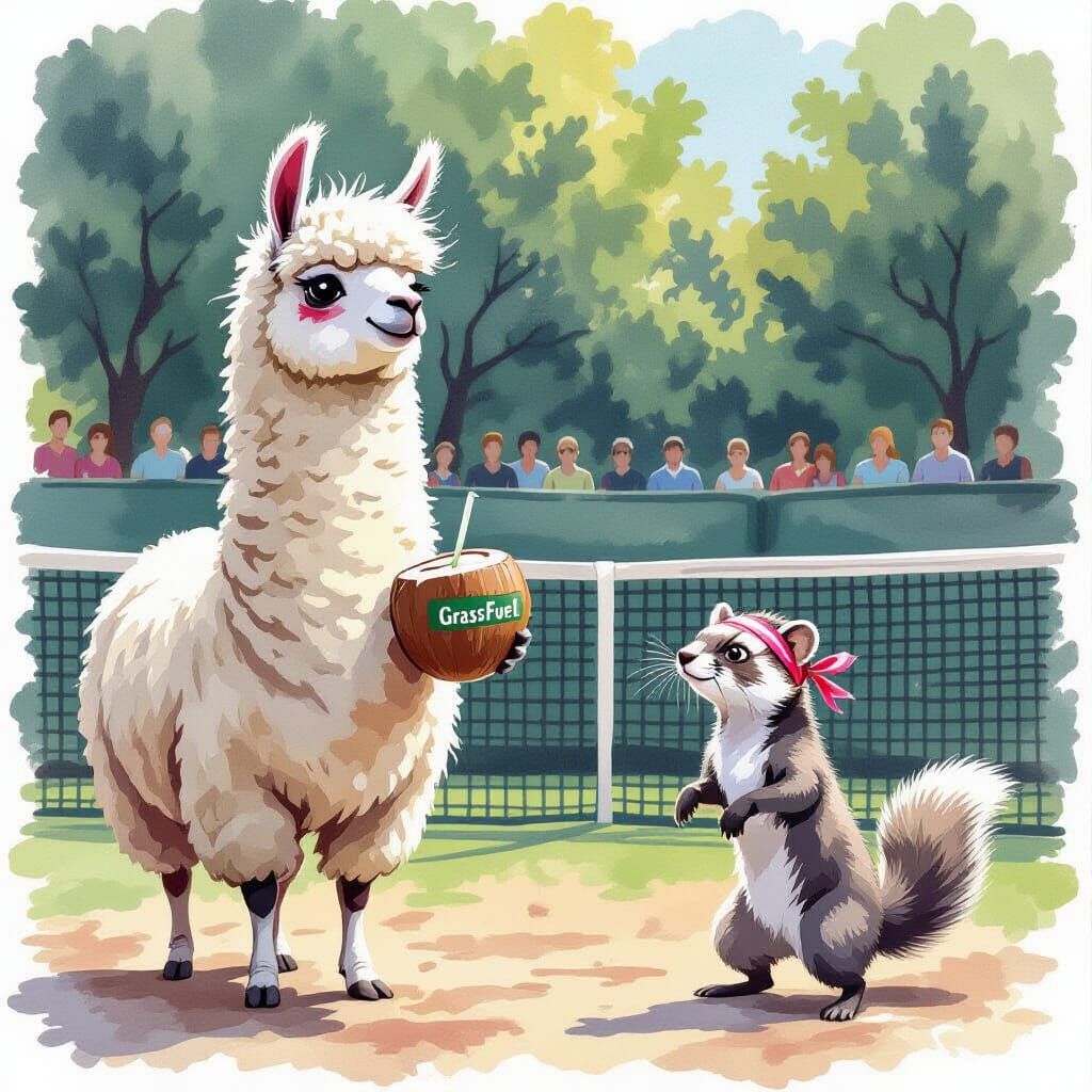 A llama sipping a coconut water labeled ‘GrassFuel’ in the middle of a match. His opponent, a jittery ferret watched on