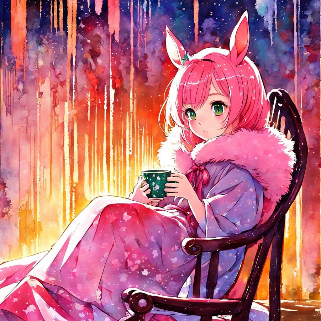 Whimsical Anime Girl Drinks Coffee