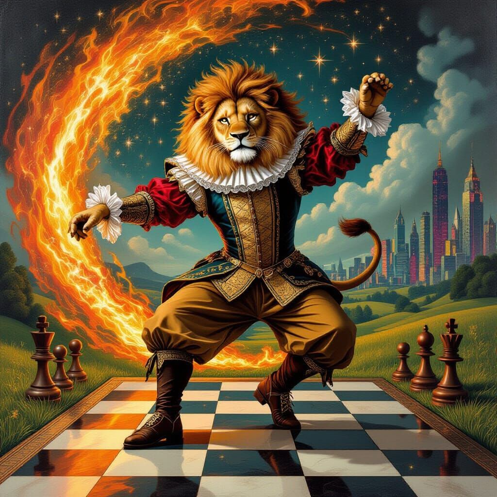 Renaissance Lion Breakdancing on Chessboard, Caravaggio Ligh...