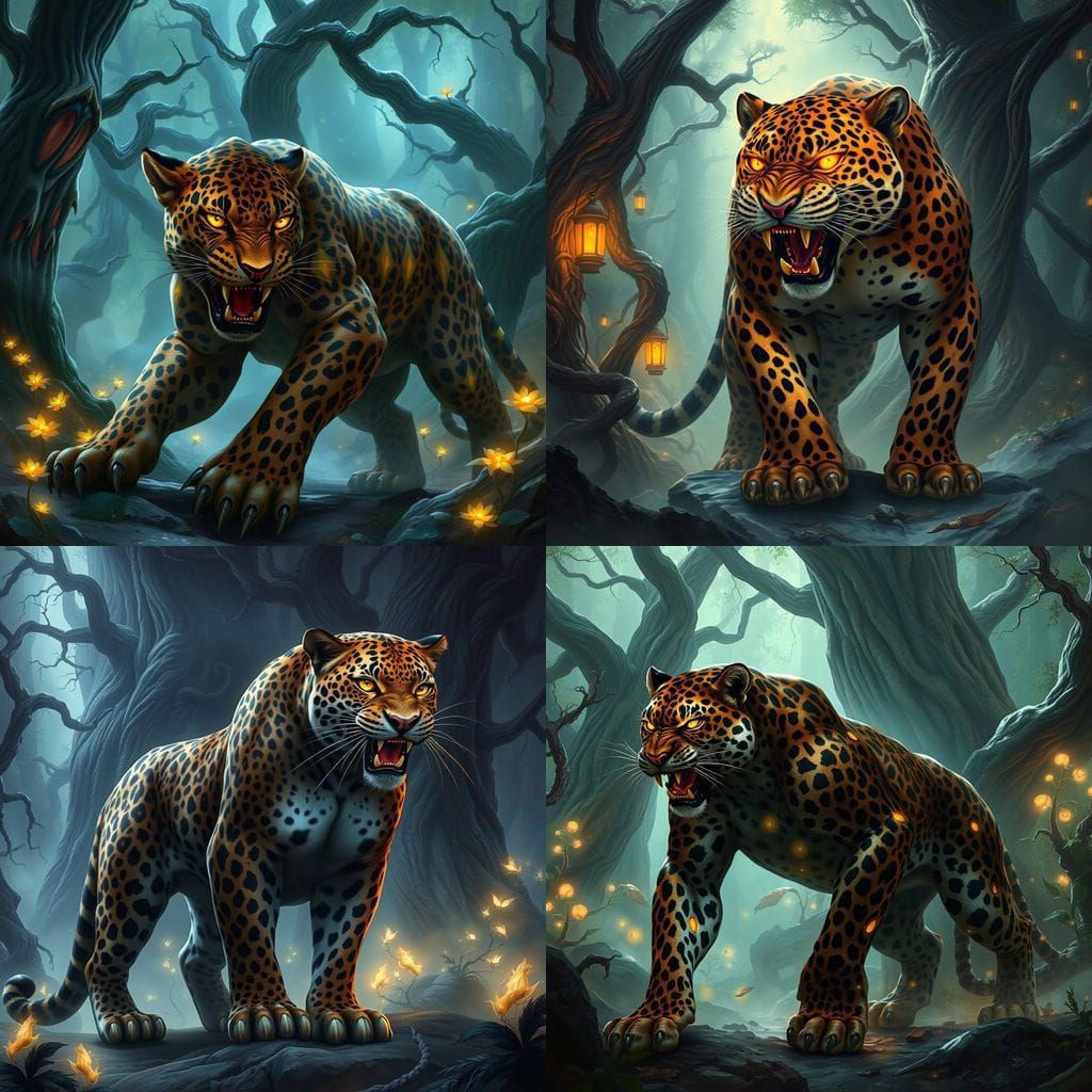 Epic Fantasy Leopard Stands in Ancient Mystic Forest