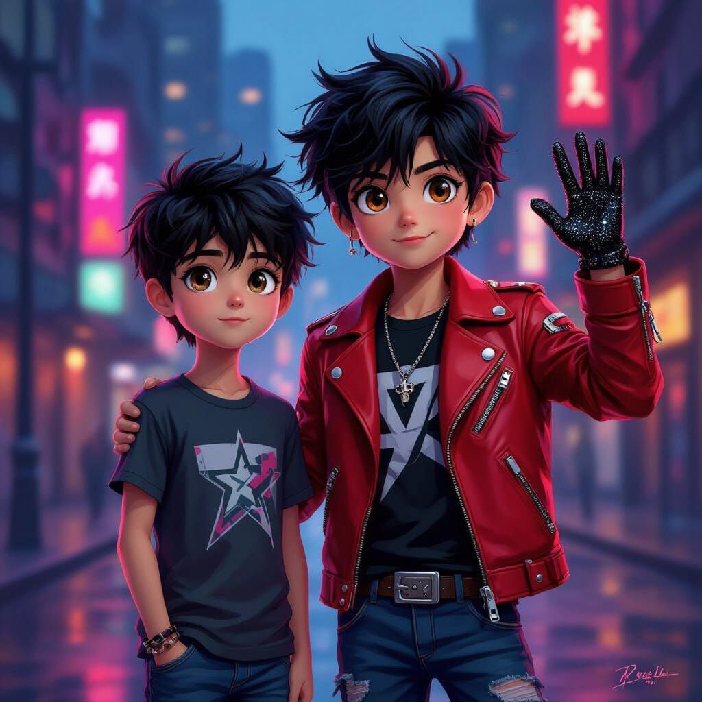 Pop Icon and Boy in Neon Cityscape