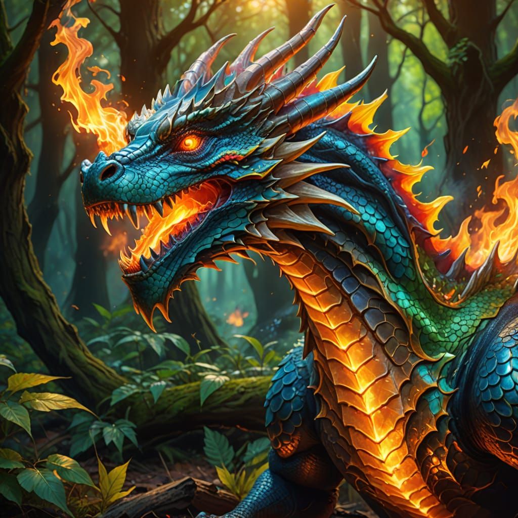 Fantasy Dragon Breathing Fire in Forest