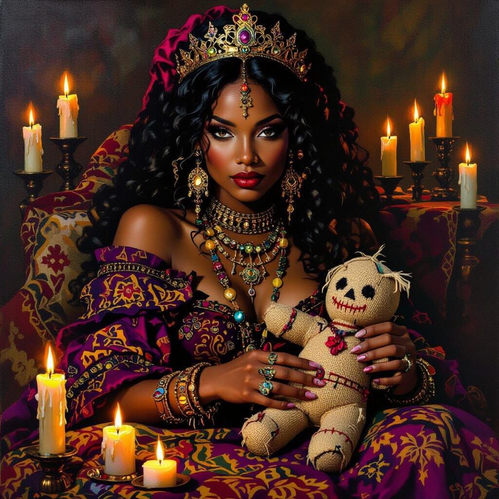 Voodoo Princess with Burlap Doll in Candlelit Oil Painting