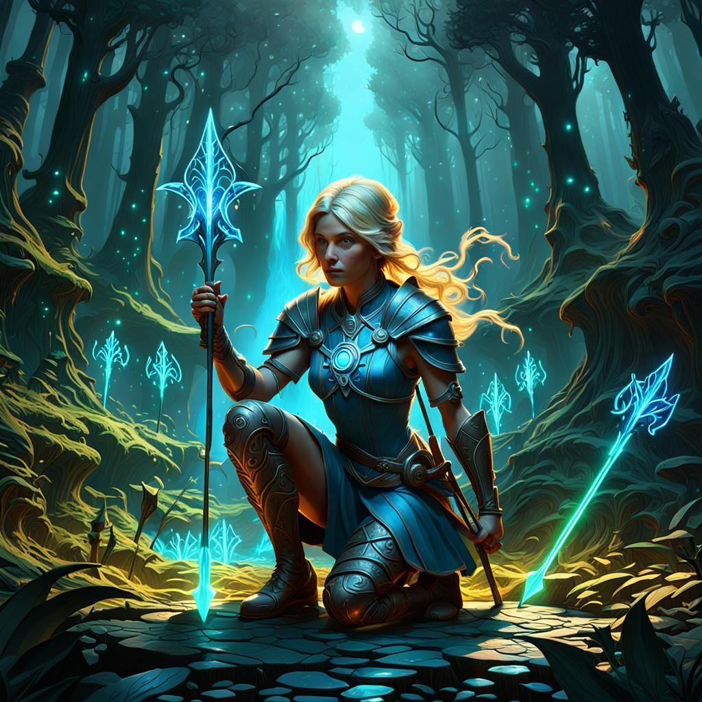 Blonde Archer in Glowing Forest, Fantasy Concept Art