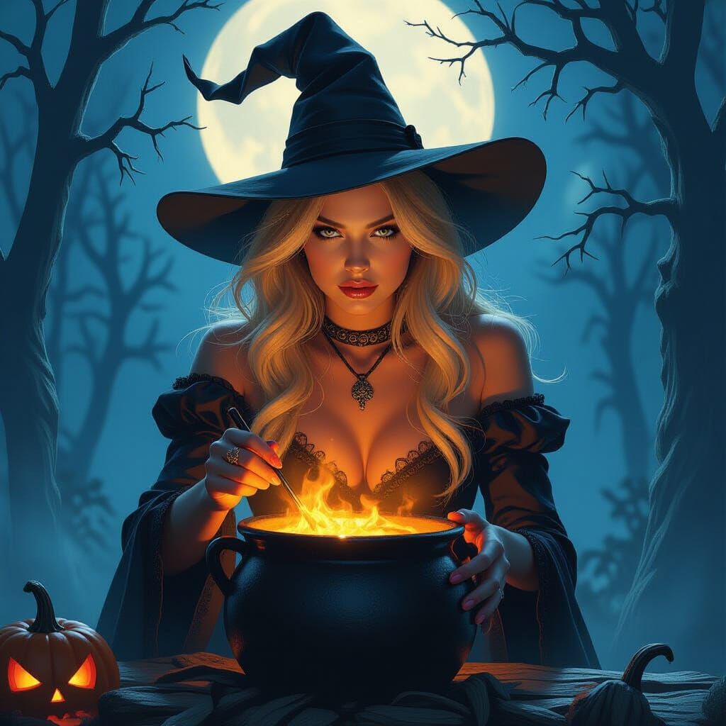 Witch Tending Cauldron at Midnight, Dark Fantasy Style