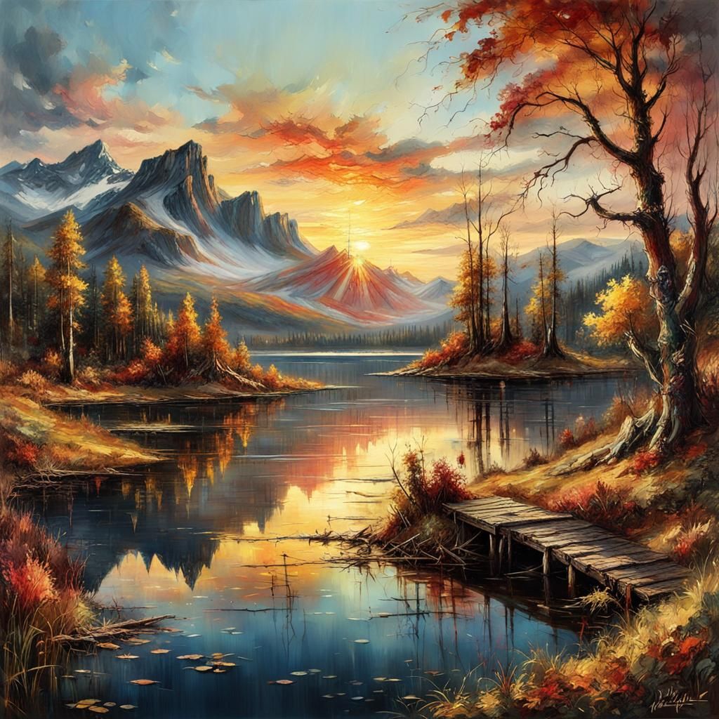 Autumn Sunset Lake in Oil Painting Style