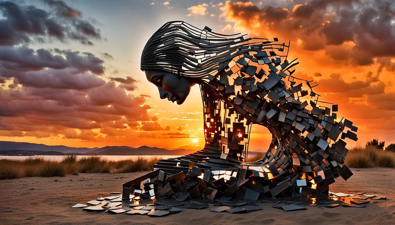 Surreal Sculpture of Woman at Sunset: Bio Art Collage