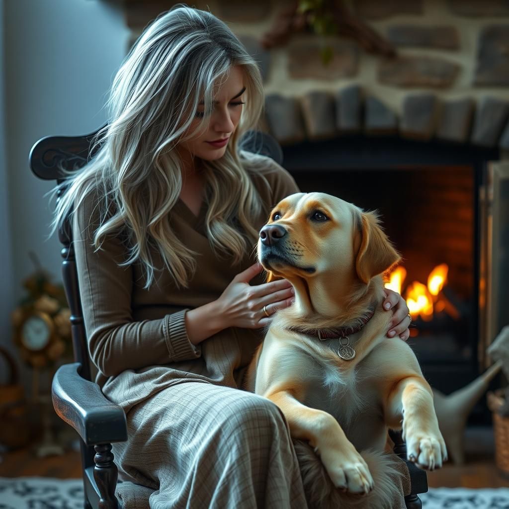 Sad Woman with Dog by Fireplace