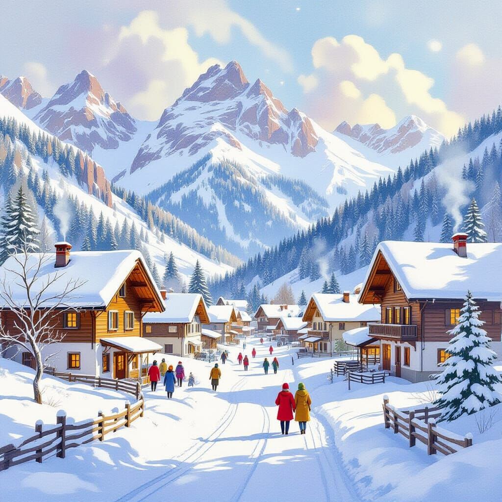 Winter Village in Dolomites, Watercolor and Oil Painting