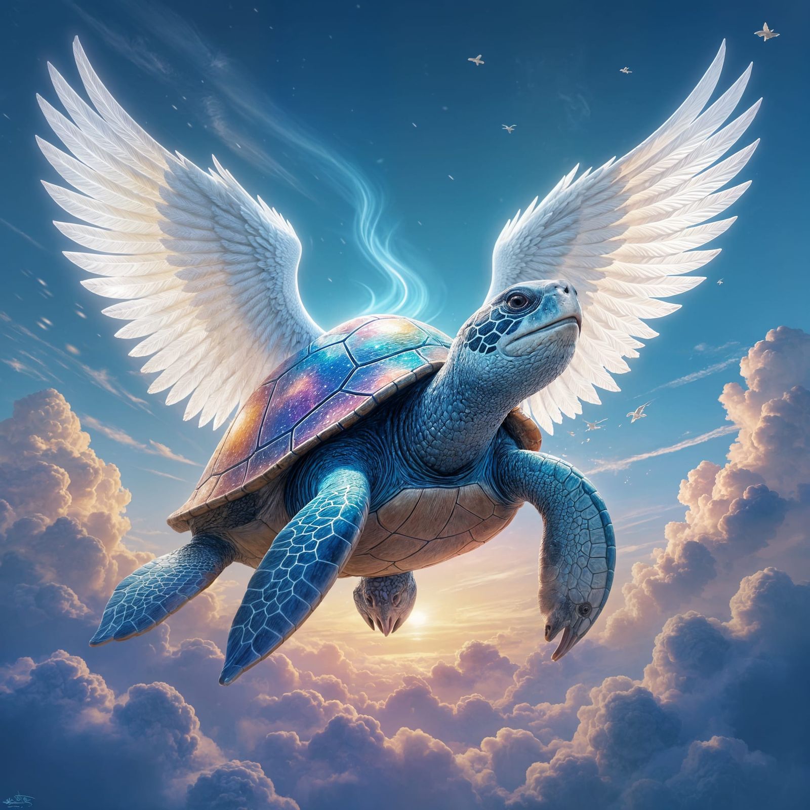 Majestic Winged Turtle Floating in Mystical Sky
