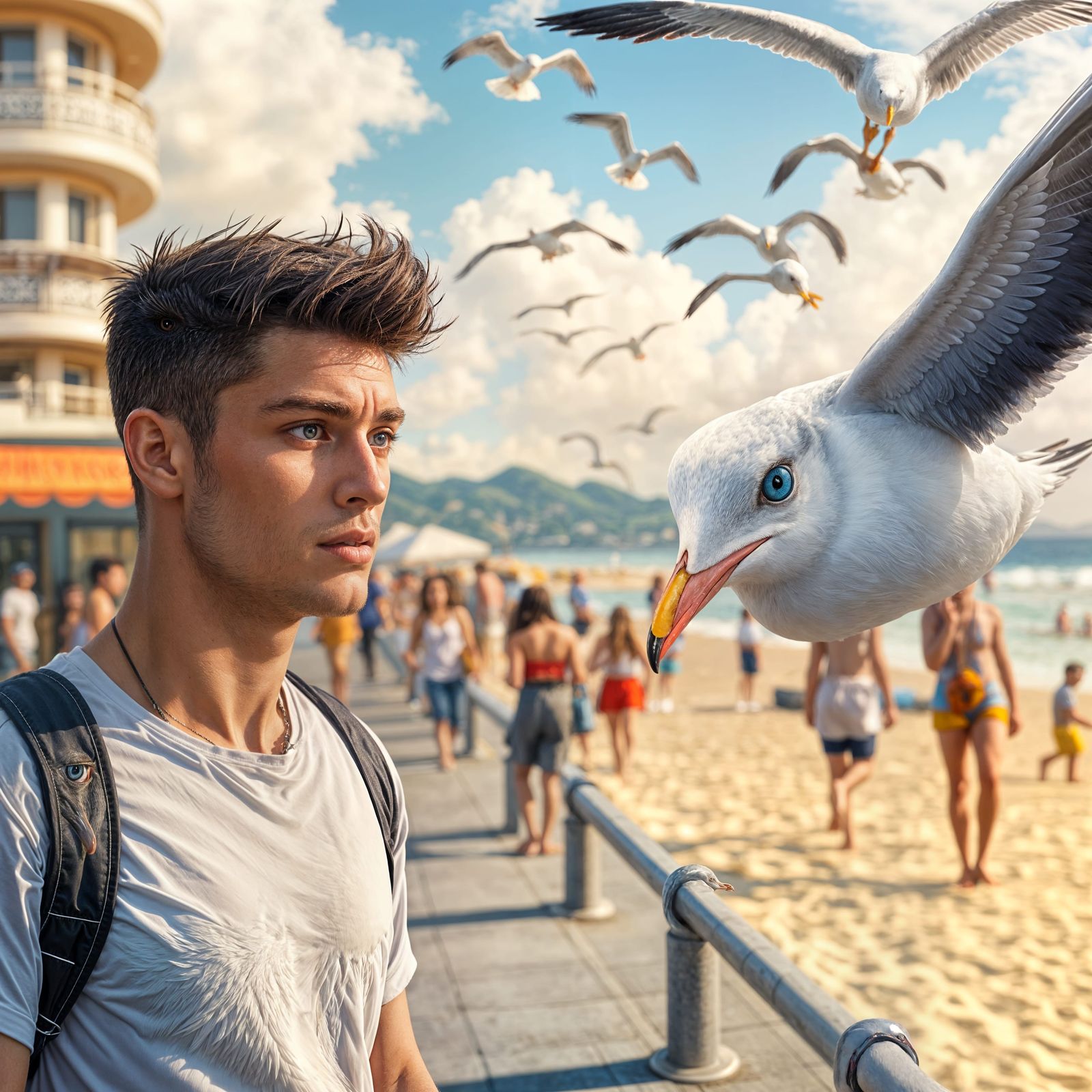 Gorgeous Seagull Charms Young Man with Magical Blue Eyes