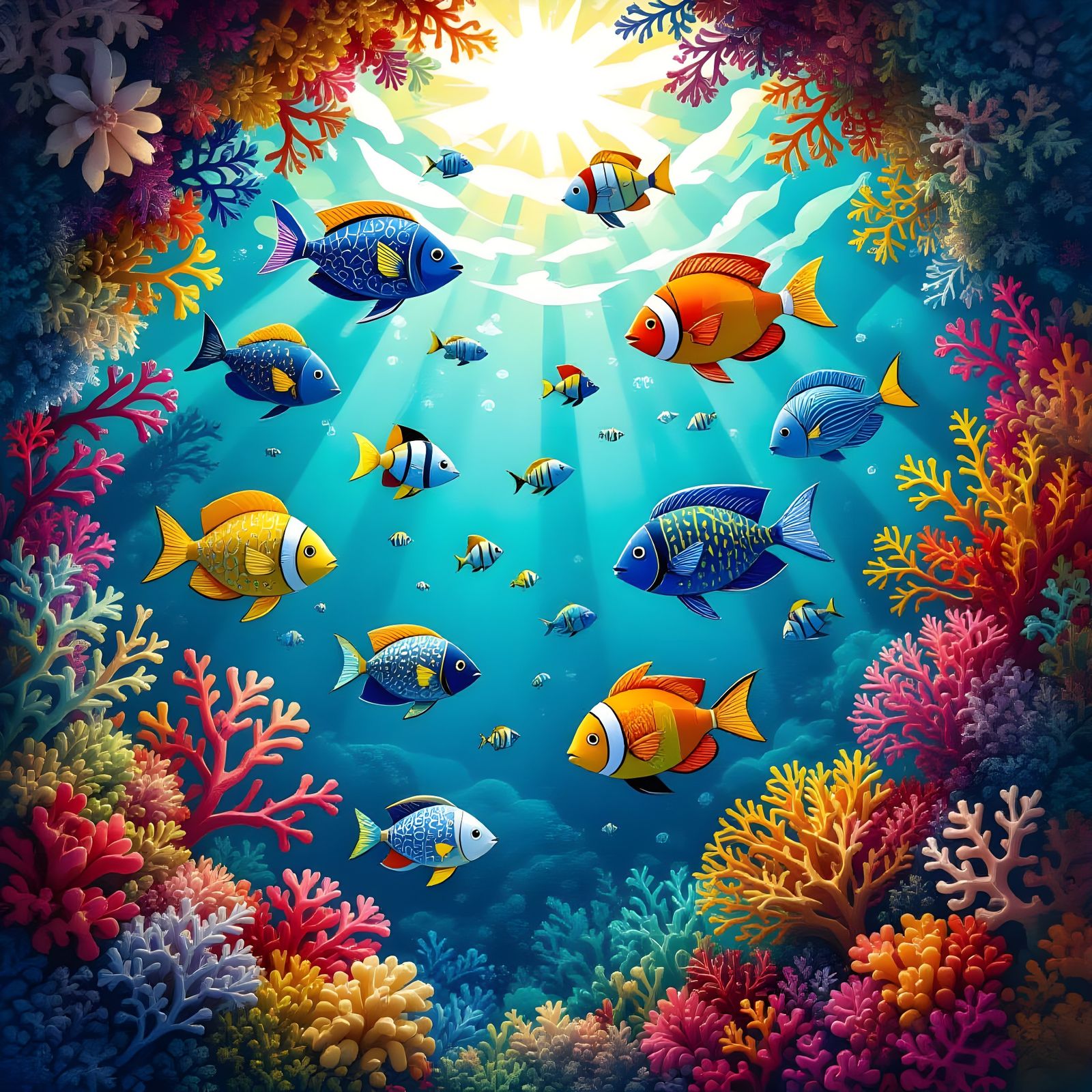 Vibrant Marine Life Kaleidoscope in Underwater Painting Styl...