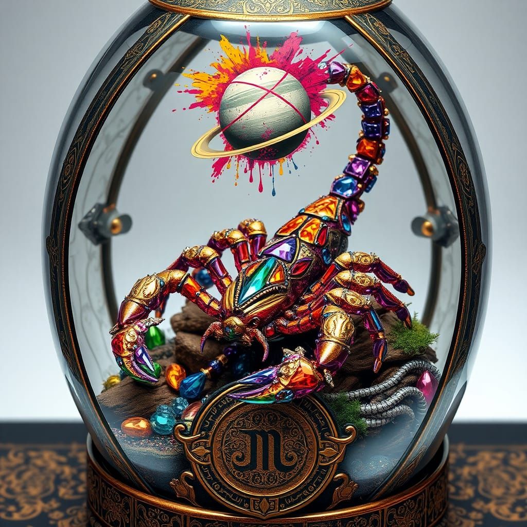 Jeweled Scorpion in Glass Terrarium, Hyperrealistic Art