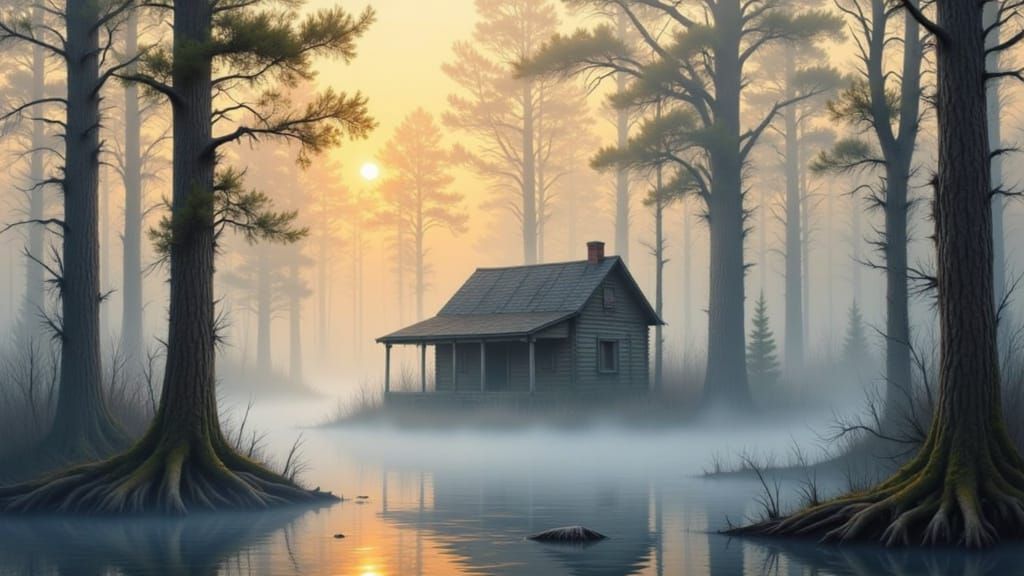 Misty Swamp Cabin at Dawn - Fine Art Painting