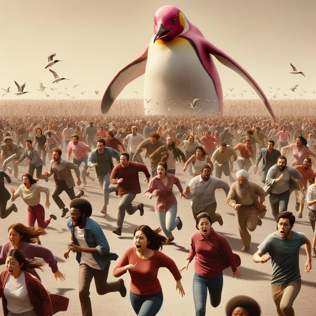 Giant Pink Penguin Terrorizes Diverse Crowd Under Hot Sun