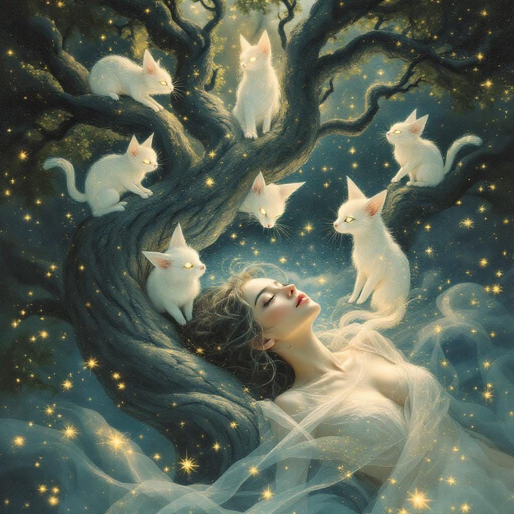 Dreamlike Forest Scene with Luminous Felines