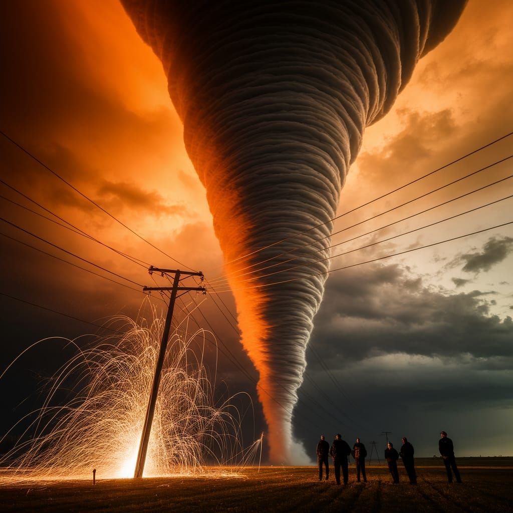 Amber Tornado Inches Towards Power Lines